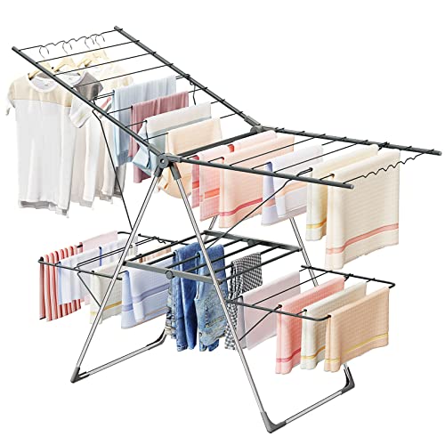 Bigzzia Clothes Drying Rack, Folding 2-Level Laundry Drying Rack, Space-Saving Free-Standing Large Drying Rack, Height-Adjustable Wings with Hooks, Stainless Steel Drying Rack for Indoor Outdoor, Grey