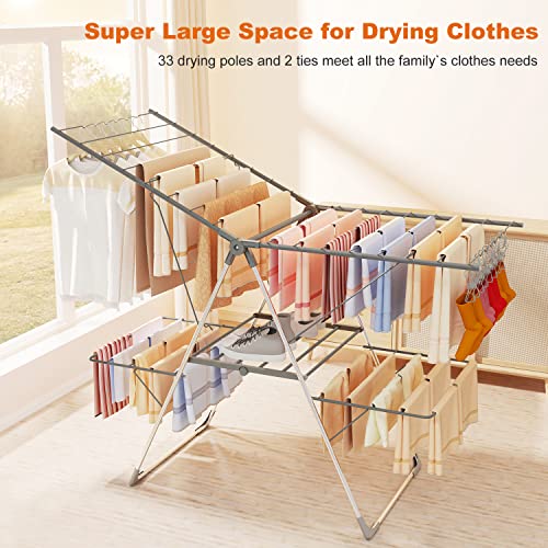 Bigzzia Clothes Drying Rack, Folding 2-Level Laundry Drying Rack, Space-Saving Free-Standing Large Drying Rack, Height-Adjustable Wings with Hooks, Stainless Steel Drying Rack for Indoor Outdoor, Grey