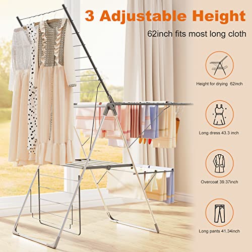 Bigzzia Clothes Drying Rack, Folding 2-Level Laundry Drying Rack, Space-Saving Free-Standing Large Drying Rack, Height-Adjustable Wings with Hooks, Stainless Steel Drying Rack for Indoor Outdoor, Grey