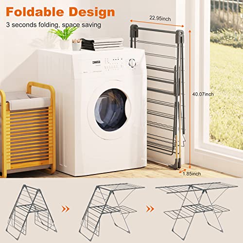 Bigzzia Clothes Drying Rack, Folding 2-Level Laundry Drying Rack, Space-Saving Free-Standing Large Drying Rack, Height-Adjustable Wings with Hooks, Stainless Steel Drying Rack for Indoor Outdoor, Grey