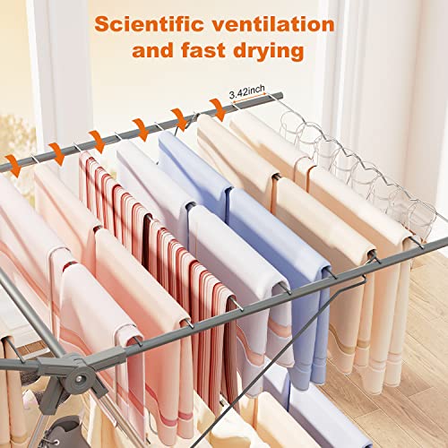 Bigzzia Clothes Drying Rack, Folding 2-Level Laundry Drying Rack, Space-Saving Free-Standing Large Drying Rack, Height-Adjustable Wings with Hooks, Stainless Steel Drying Rack for Indoor Outdoor, Grey