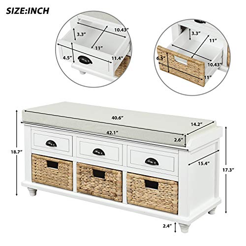 P PURLOVE Rustic Storage Bench Entryway Storage Bench with 3 Drawers and 3 Rattan Baskets Shoe Storage Bench with Removable Cushion for Living Room, Entryway