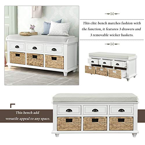 P PURLOVE Rustic Storage Bench Entryway Storage Bench with 3 Drawers and 3 Rattan Baskets Shoe Storage Bench with Removable Cushion for Living Room, Entryway
