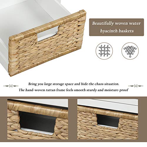 P PURLOVE Rustic Storage Bench Entryway Storage Bench with 3 Drawers and 3 Rattan Baskets Shoe Storage Bench with Removable Cushion for Living Room, Entryway
