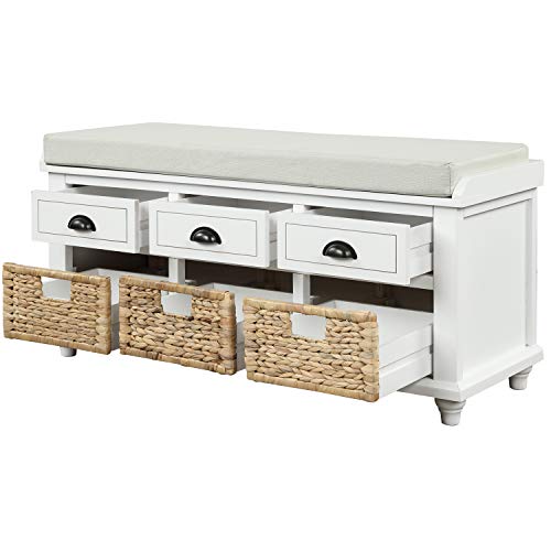 P PURLOVE Rustic Storage Bench Entryway Storage Bench with 3 Drawers and 3 Rattan Baskets Shoe Storage Bench with Removable Cushion for Living Room, Entryway