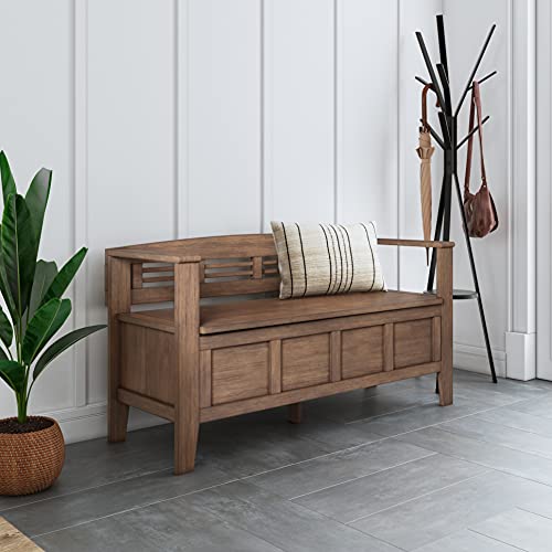 SIMPLIHOME Adams SOLID WOOD 48 inch Wide Entryway Storage Bench with Safety Hinge, Multifunctional Rustic in Rustic Natural Aged Brown