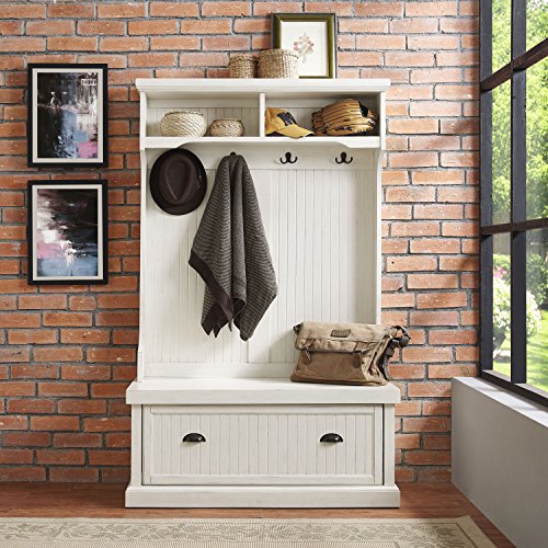 Crosley Furniture Seaside Hall Tree, Entryway Bench with Coat Rack and Shoe Cabinet, Distressed White
