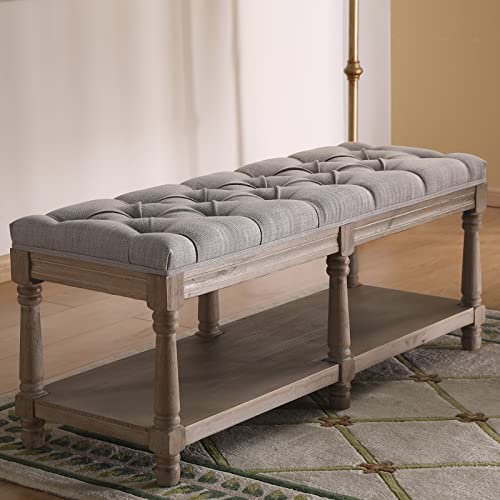 Mid Century Tufted Storage Bench with Shelf, Linen Upholstered Farmhouse Entryway Shoe Bench Ottoman Bed End Stool with Padded Seat, Rustic Bench for Bedroom Living Room Dining Room, Grey