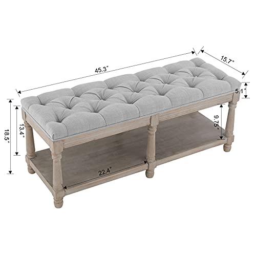 Mid Century Tufted Storage Bench with Shelf, Linen Upholstered Farmhouse Entryway Shoe Bench Ottoman Bed End Stool with Padded Seat, Rustic Bench for Bedroom Living Room Dining Room, Grey