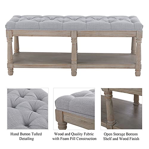 Mid Century Tufted Storage Bench with Shelf, Linen Upholstered Farmhouse Entryway Shoe Bench Ottoman Bed End Stool with Padded Seat, Rustic Bench for Bedroom Living Room Dining Room, Grey