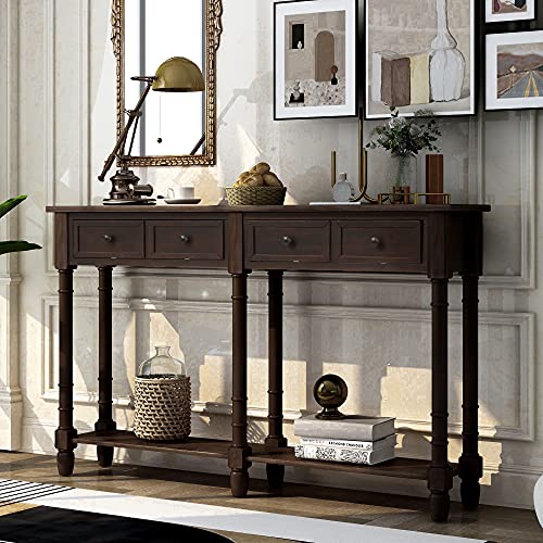 Merax Espresso Wood Narrow Console Table with Drawers and Bottom Shelf for Entryway Hallway Front Door, 1 Set