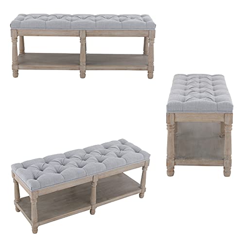 Mid Century Tufted Storage Bench with Shelf, Linen Upholstered Farmhouse Entryway Shoe Bench Ottoman Bed End Stool with Padded Seat, Rustic Bench for Bedroom Living Room Dining Room, Grey