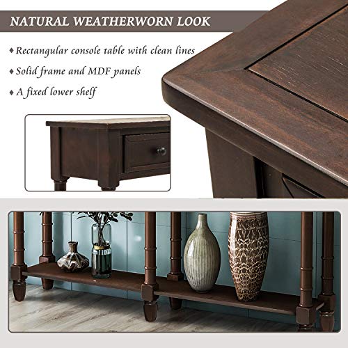 Merax Espresso Wood Narrow Console Table with Drawers and Bottom Shelf for Entryway Hallway Front Door, 1 Set