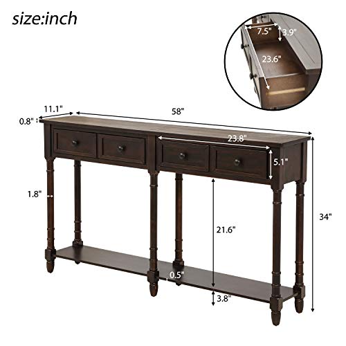 Merax Espresso Wood Narrow Console Table with Drawers and Bottom Shelf for Entryway Hallway Front Door, 1 Set