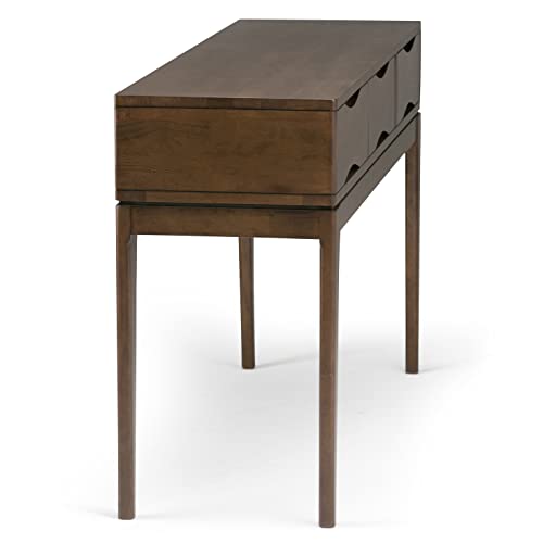 SIMPLIHOME Harper SOLID WOOD 54 inch Wide Mid Century Modern Console Sofa Entryway Table in Walnut Brown with Storage, 3 Drawers , for the Living Room, Entryway and Bedroom