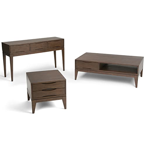 SIMPLIHOME Harper SOLID WOOD 54 inch Wide Mid Century Modern Console Sofa Entryway Table in Walnut Brown with Storage, 3 Drawers , for the Living Room, Entryway and Bedroom