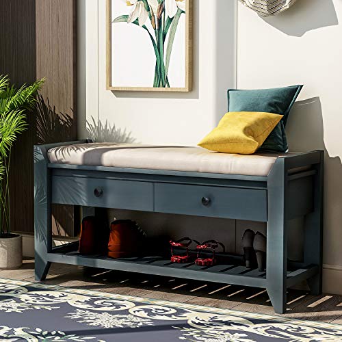 Merax Classic Wood Storage Entryway Hallway Front Door Shoe Bench with Drawers and Seat Cushion, 1 Set, Antique Navy