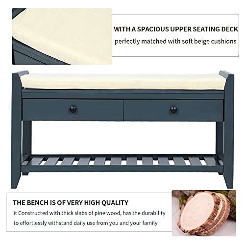 Merax Classic Wood Storage Entryway Hallway Front Door Shoe Bench with Drawers and Seat Cushion, 1 Set, Antique Navy