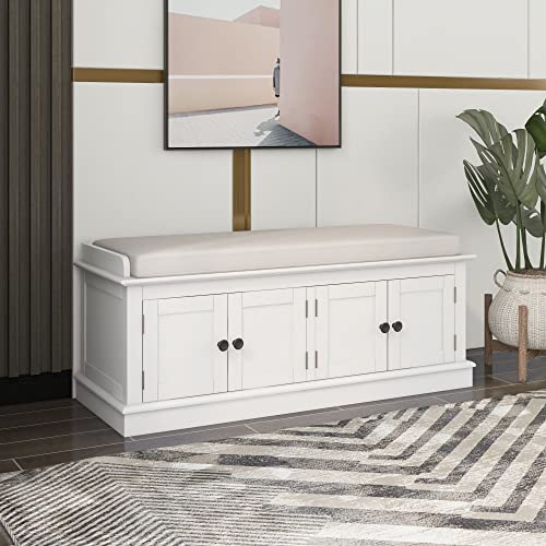 LUMISOL White Storage Bench with 4 Doors and Removable Cushion, Home Collection Hallway Bench Shoe Cabinet with Adjustable Shelves for Living Room
