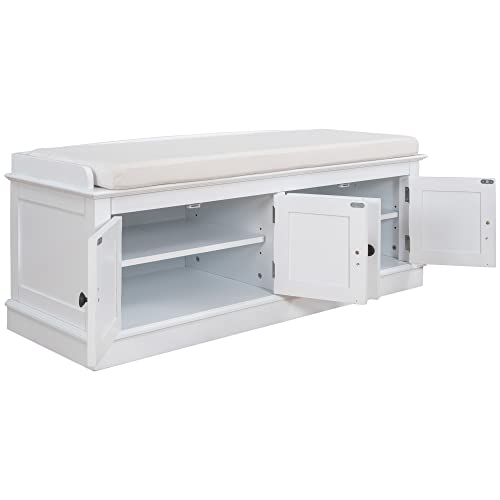 LUMISOL White Storage Bench with 4 Doors and Removable Cushion, Home Collection Hallway Bench Shoe Cabinet with Adjustable Shelves for Living Room