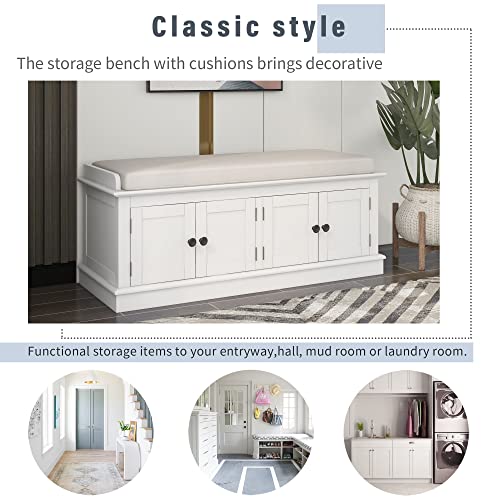 LUMISOL White Storage Bench with 4 Doors and Removable Cushion, Home Collection Hallway Bench Shoe Cabinet with Adjustable Shelves for Living Room