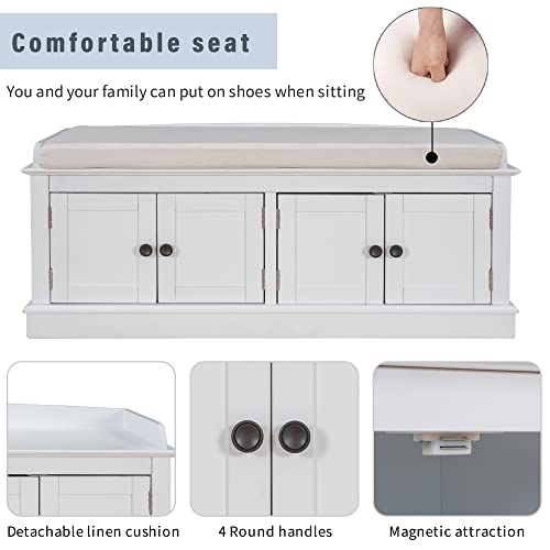 LUMISOL White Storage Bench with 4 Doors and Removable Cushion, Home Collection Hallway Bench Shoe Cabinet with Adjustable Shelves for Living Room