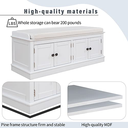 LUMISOL White Storage Bench with 4 Doors and Removable Cushion, Home Collection Hallway Bench Shoe Cabinet with Adjustable Shelves for Living Room