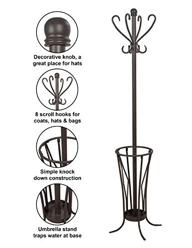 Leisure Space Metal Freestanding Coat Rack with Umbrella Stand and 8 Hooks (Antique Finish)