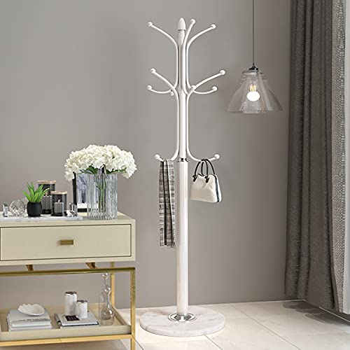 Kertnic Metal Coat Rack Stand with Natural Marble Base, Free Standing Hall Tree with 12 Hooks for Hanging Scarf, Bag, Jacket, Home Entry-way Hat Hanger Organizer (White)