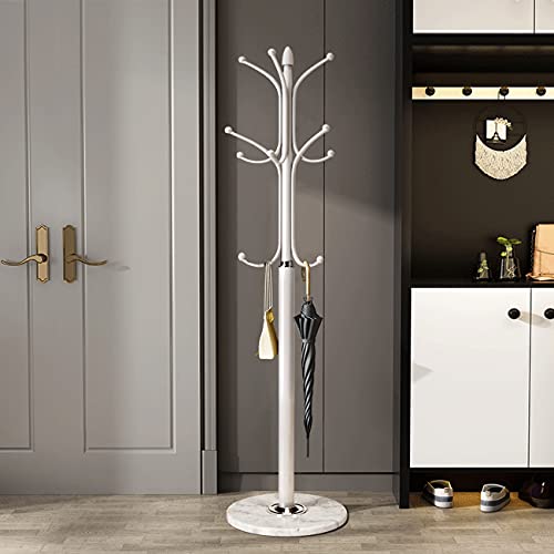Kertnic Metal Coat Rack Stand with Natural Marble Base, Free Standing Hall Tree with 12 Hooks for Hanging Scarf, Bag, Jacket, Home Entry-way Hat Hanger Organizer (White)