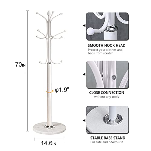 Kertnic Metal Coat Rack Stand with Natural Marble Base, Free Standing Hall Tree with 12 Hooks for Hanging Scarf, Bag, Jacket, Home Entry-way Hat Hanger Organizer (White)