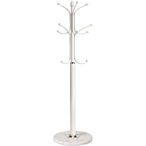 Kertnic Metal Coat Rack Stand with Natural Marble Base, Free Standing Hall Tree with 12 Hooks for Hanging Scarf, Bag, Jacket, Home Entry-way Hat Hanger Organizer (White)