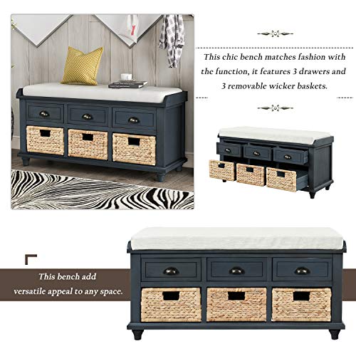 SOFTSEA Organizer Storage Bench Entryway Bench with 3 Drawers, 3 Rattan Baskets and Removable Cushion for Entryway, Hallway, Living Room, Home Collection Fully Assemble Storage Bench(Antique Navy)
