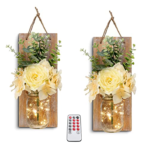 HOMKO Rustic Wall Decor, Mason Jars Wall Sconces, with Remote Control LED Lights and Flowers, Hanging Rural Farmhouse Kitchen Bathroom Bedroom Living Room Home Decor (Set of 2) -Rustic Brown