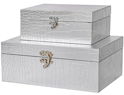 JUMBO HUMBLE Set of 2 Wooden Decorative Nesting Storage Boxes, Silver Crocodile Leather with Clasp for Home Kitchen Living Room, Ideal Gift for Wedding Memories Jewelry Trinket