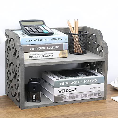 MyGift Vintage Gray Wood Desktop Bookshelf Organizer with Scrollwork Cutout Design, 2 Tier Office Dorm Desk Stationery Rack Shelf
