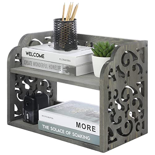 Vintage Gray Wood 2-Tier Desktop Bookshelf Organizer