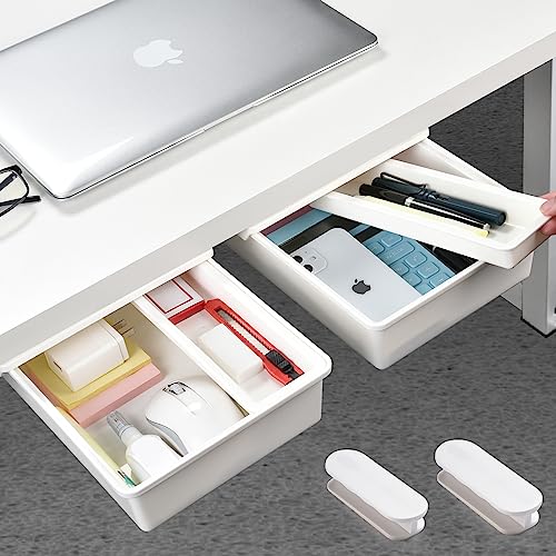 GGIANTGO Under Desk Drawer[2Pack, M+M], Self-Adhesive Under Desk Storage, Desk Drawer Organizer for Office Home Stationery