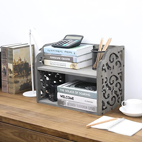 Vintage Gray Wood 2-Tier Desktop Bookshelf Organizer
