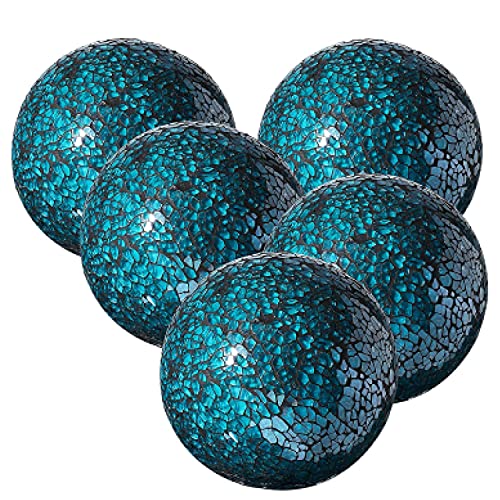 WHOLE HOUSEWARES | Decorative Balls for Centerpiece Bowls | Set of 5 | Glass Mosaic Sphere | Diameter 3" | Home/Garden/Kitchen/Living Room Decor | Decorative Balls for Bowls (Turquoise)
