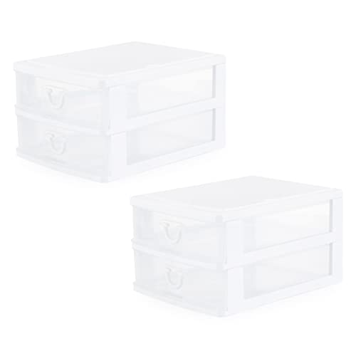 Gracious Living Clear Mini 2 Drawer Desk and Office Organizers for Storing Cosmetics, Arts, Crafts, and Stationery Items, White Finish (2 Pack)