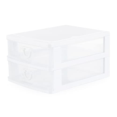 Gracious Living Clear Mini 2 Drawer Desk and Office Organizers for Storing Cosmetics, Arts, Crafts, and Stationery Items, White Finish (2 Pack)