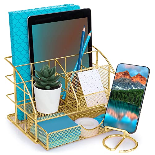 hudstill Gold Desk Organizer for Women and Girls with Matching Cellphone Stand Holder For Desk - Cute Gold Desk Organizer Caddy With Large Drawer for Office Stationery and Accessories