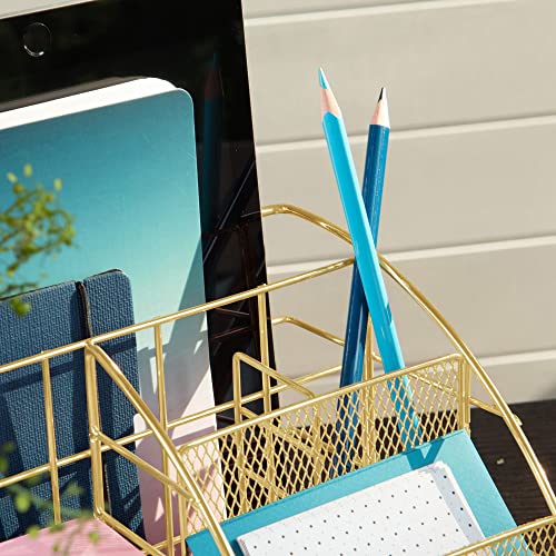 hudstill Gold Desk Organizer for Women and Girls with Matching Cellphone Stand Holder For Desk - Cute Gold Desk Organizer Caddy With Large Drawer for Office Stationery and Accessories