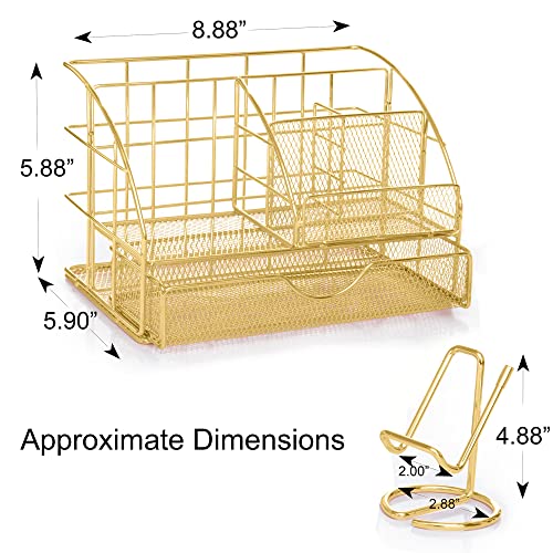 hudstill Gold Desk Organizer for Women and Girls with Matching Cellphone Stand Holder For Desk - Cute Gold Desk Organizer Caddy With Large Drawer for Office Stationery and Accessories