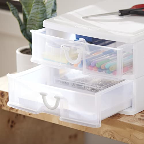 Gracious Living Clear Mini 2 Drawer Desk and Office Organizers for Storing Cosmetics, Arts, Crafts, and Stationery Items, White Finish (2 Pack)