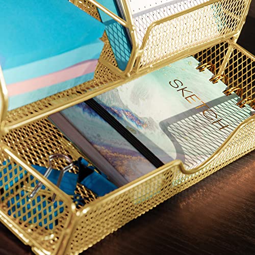 hudstill Gold Desk Organizer for Women and Girls with Matching Cellphone Stand Holder For Desk - Cute Gold Desk Organizer Caddy With Large Drawer for Office Stationery and Accessories