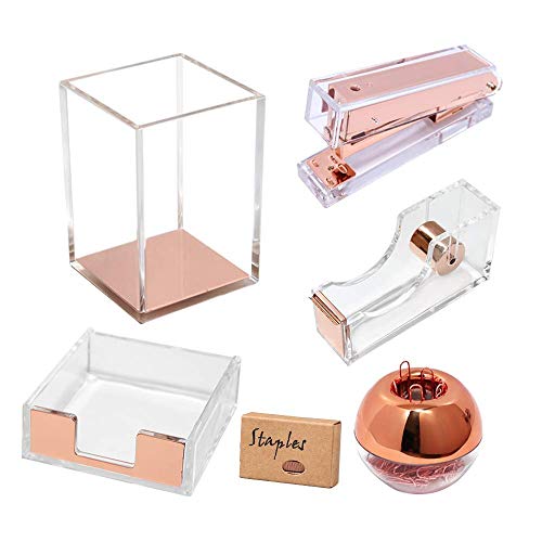 Clear Rose Gold Acrylic Desk Accessories Organizer Set, Tape Dispenser, Stapler 24/6 Staples, Sticky Notes Holder, Magnetic Paper Clips Holder, Pen Pencil Holder, Office Supplies Stationery(Rose Gold）