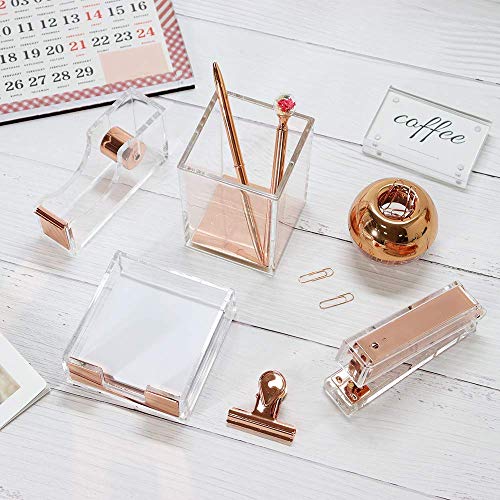 Clear Rose Gold Acrylic Desk Accessories Organizer Set, Tape Dispenser, Stapler 24/6 Staples, Sticky Notes Holder, Magnetic Paper Clips Holder, Pen Pencil Holder, Office Supplies Stationery(Rose Gold）