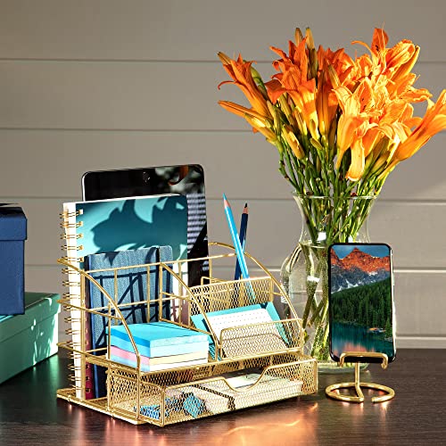 hudstill Gold Desk Organizer for Women and Girls with Matching Cellphone Stand Holder For Desk - Cute Gold Desk Organizer Caddy With Large Drawer for Office Stationery and Accessories